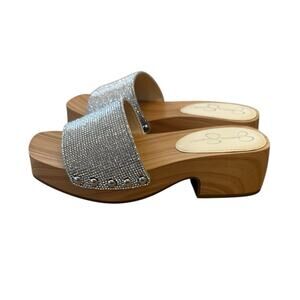 JESSICA SIMPSON Rexile Studded Clogs Size 5.5 Silver Shimmer Sand Wood Platform